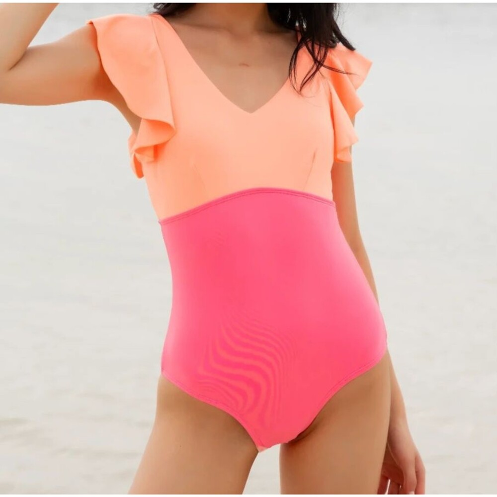 Plus Size One Piece Swimsuit Backless Pink Orange Ruffle Manava 3XL 22 24 XXXL